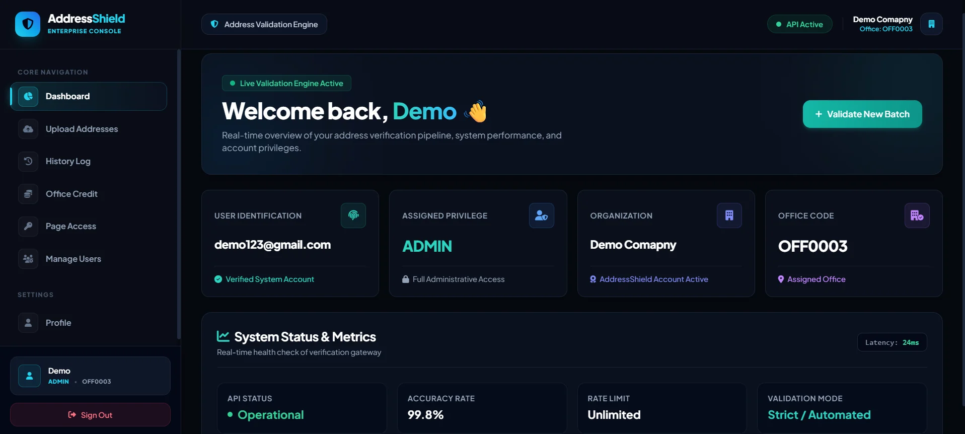 Open the Upload Addresses page