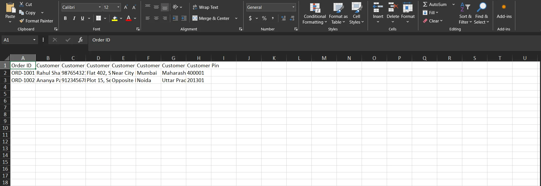 Fill your orders into the Excel sheet