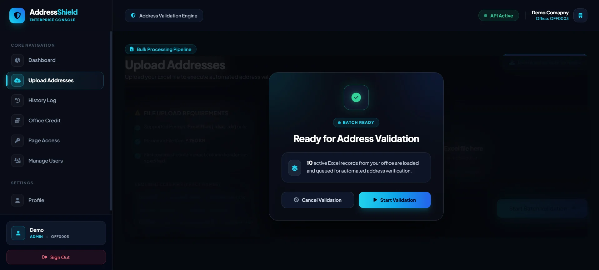 Confirm and start validation